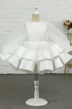 Marfim manga comprida flor menina vestido