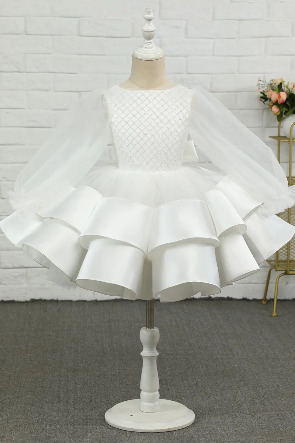 Marfim manga comprida flor menina vestido