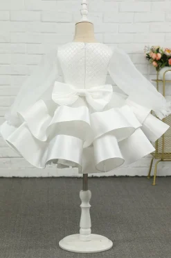 Marfim manga comprida flor menina vestido