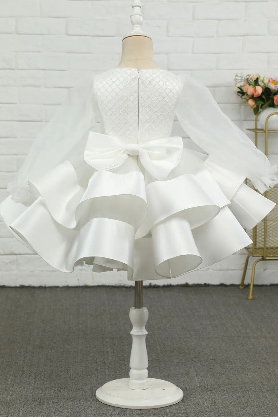 Marfim manga comprida flor menina vestido
