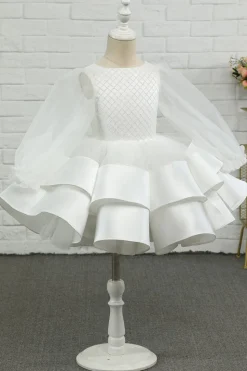 Marfim manga comprida flor menina vestido