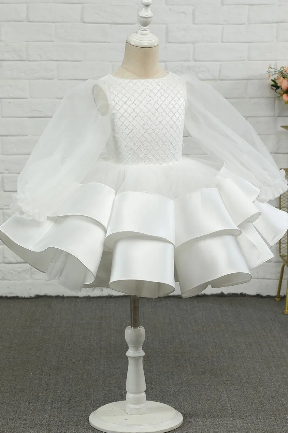 Marfim manga comprida flor menina vestido