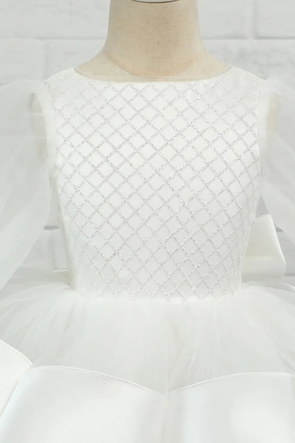 Marfim manga comprida flor menina vestido