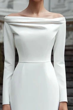 Marfim manga longa bainha cetim vestido de noivado