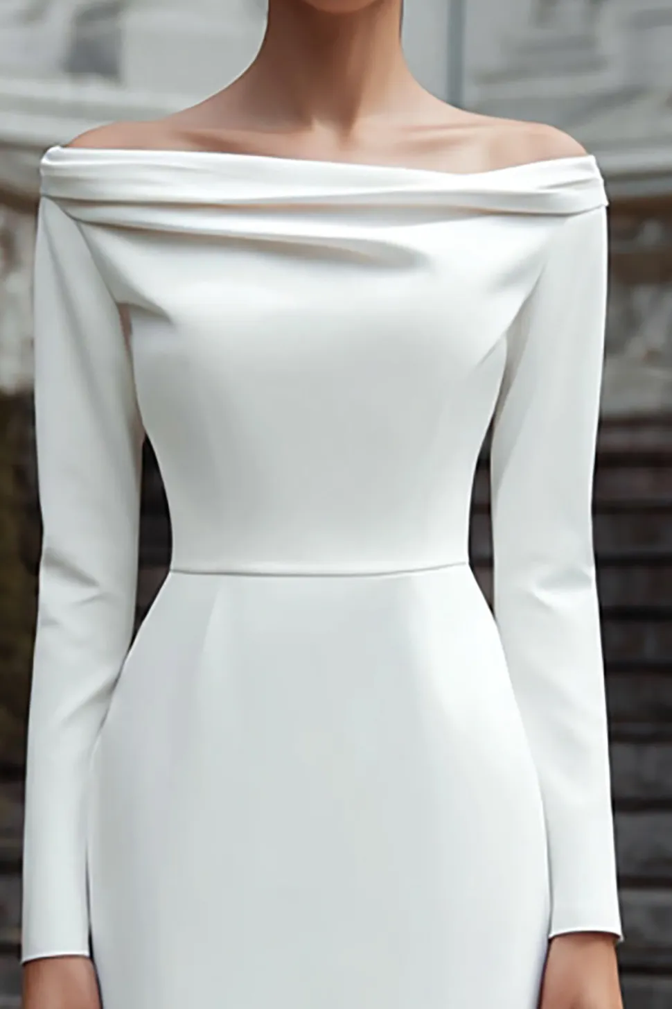 Marfim manga longa bainha cetim vestido de noivado
