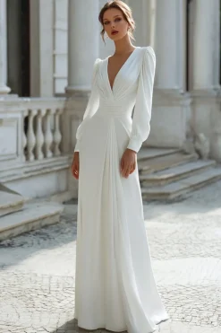 Marfim manga longa bainha plissado vestido de noiva
