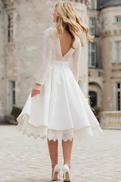 Marfim manga longa uma linha Midi vestido de noiva com renda
