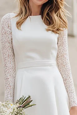 Marfim manga longa uma linha Midi vestido de noiva com renda