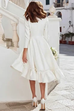 Marfim manga longa uma linha midi vestido de noivado com babados