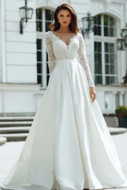 Marfim manga longa uma linha V pescoço renda vestido de noiva
