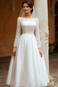 Marfim manga longa uma linha de renda vestido de noivado