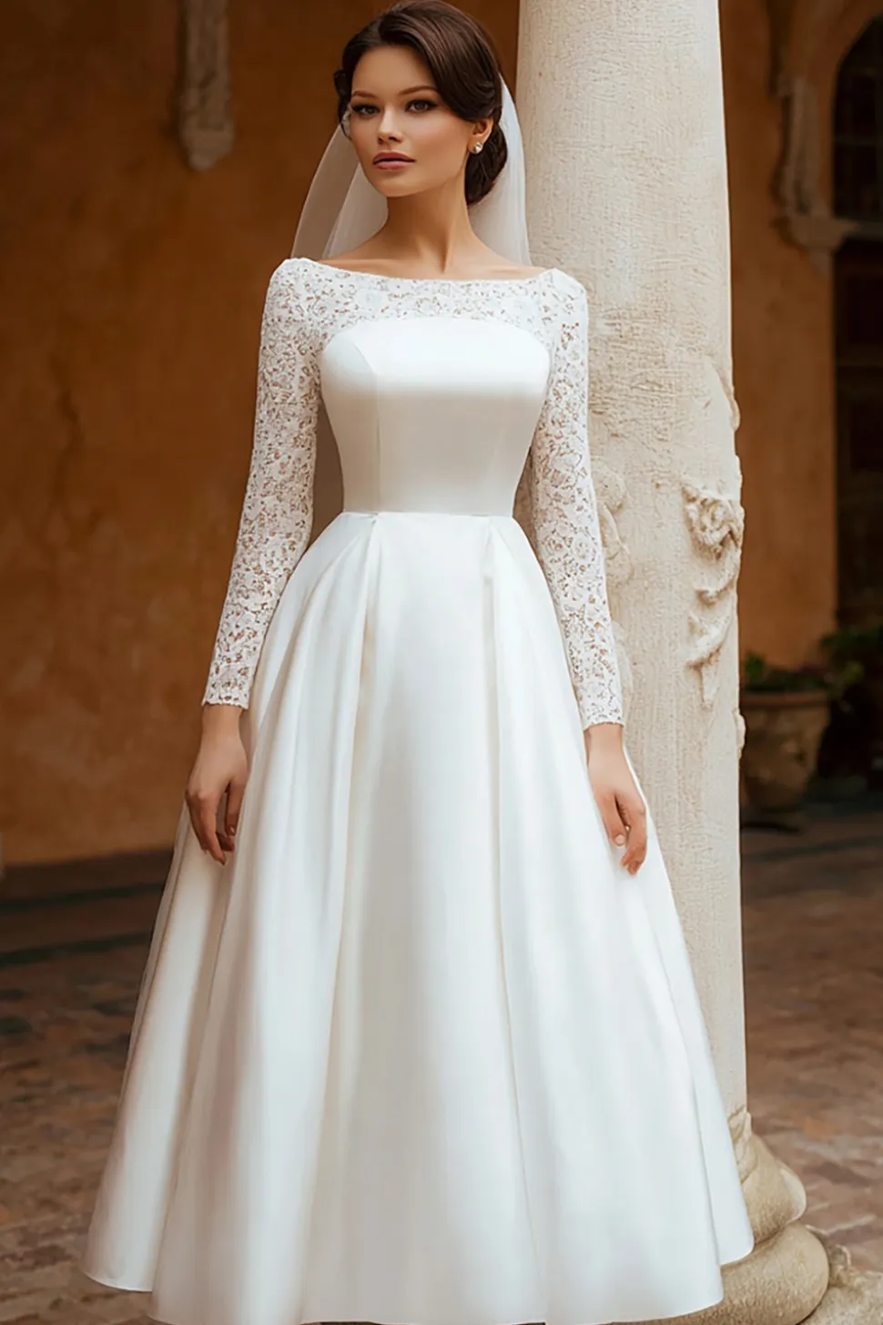 Marfim manga longa uma linha de renda vestido de noivado