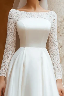 Marfim manga longa uma linha de renda vestido de noivado