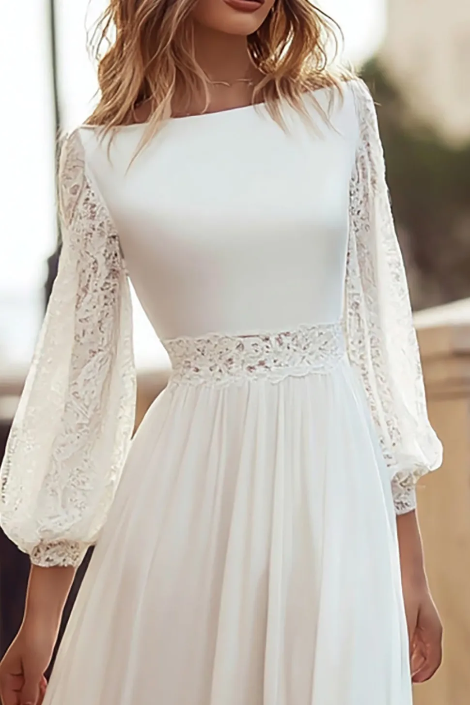 Marfim manga longa uma linha de renda vestido de noiva com fenda