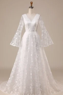 Marfim Mangas Compridas A-Line Vestido de Noiva