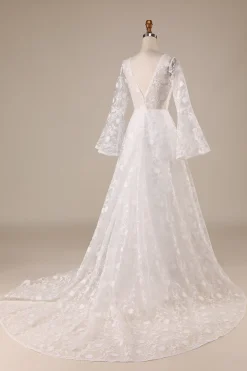 Marfim Mangas Compridas A-Line Vestido de Noiva