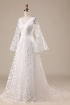 Marfim Mangas Compridas A-Line Vestido de Noiva