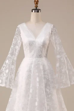 Marfim Mangas Compridas A-Line Vestido de Noiva