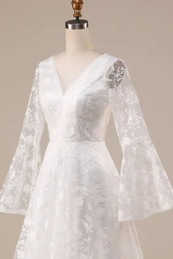 Marfim Mangas Compridas A-Line Vestido de Noiva