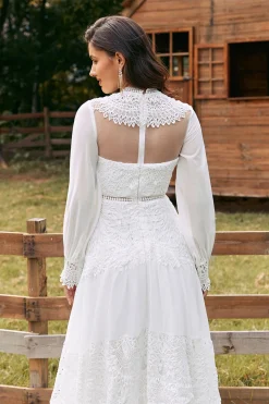 Marfim mangas compridas Boho vestido de noiva com renda