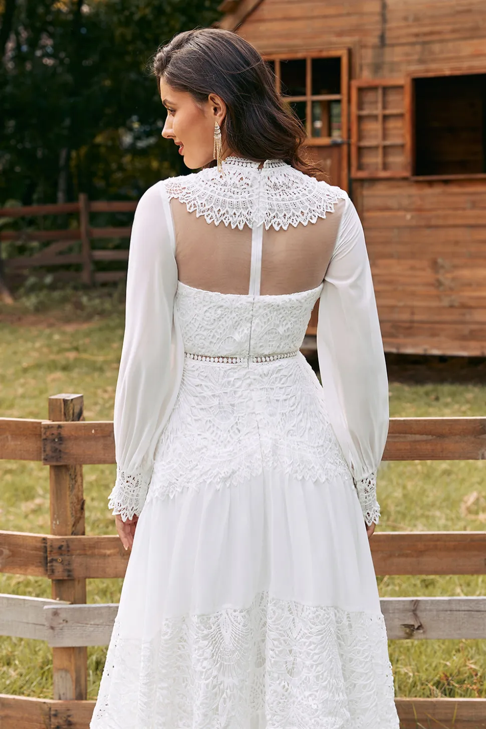 Marfim mangas compridas Boho vestido de noiva com renda