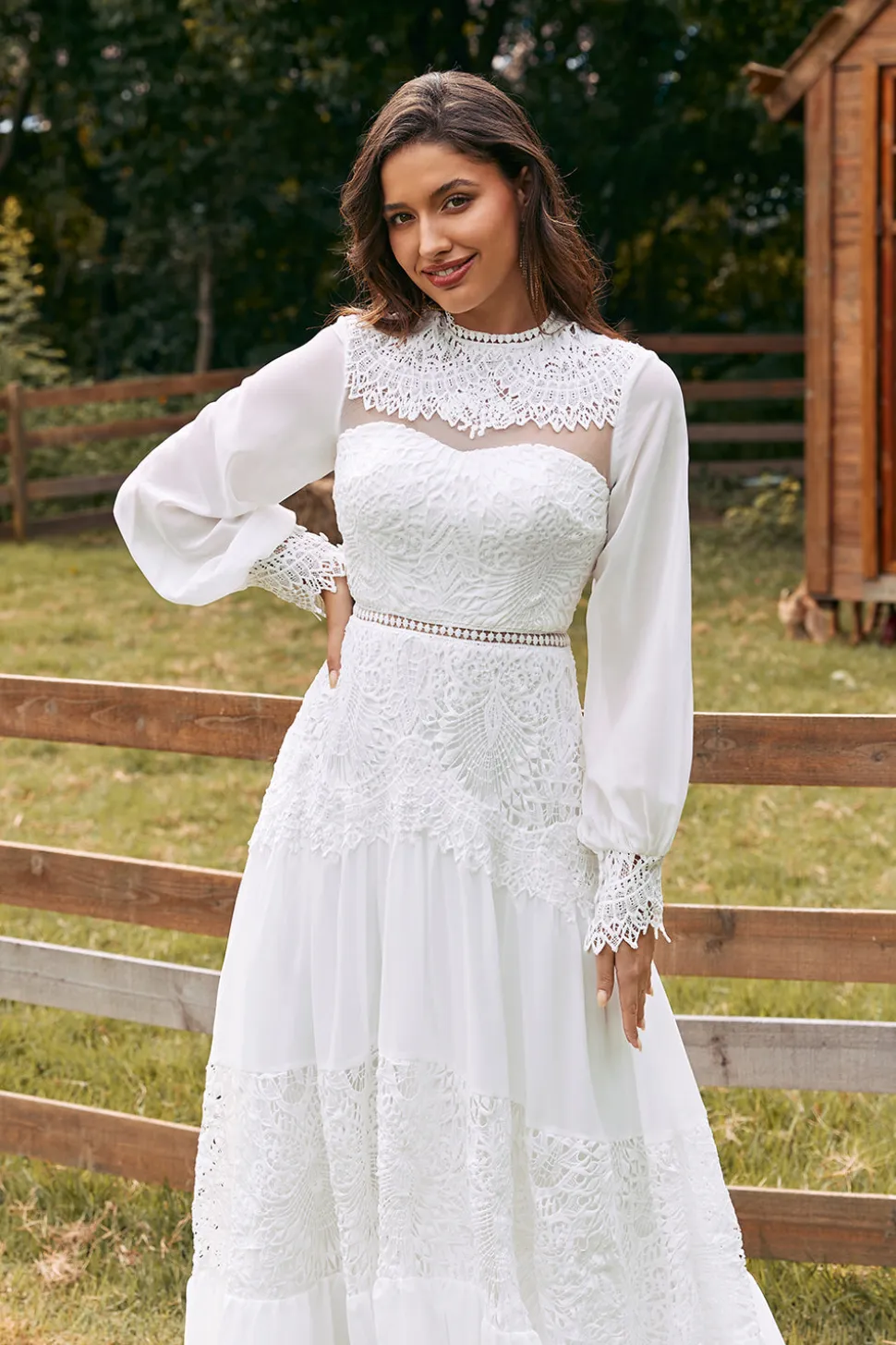 Marfim mangas compridas Boho vestido de noiva com renda