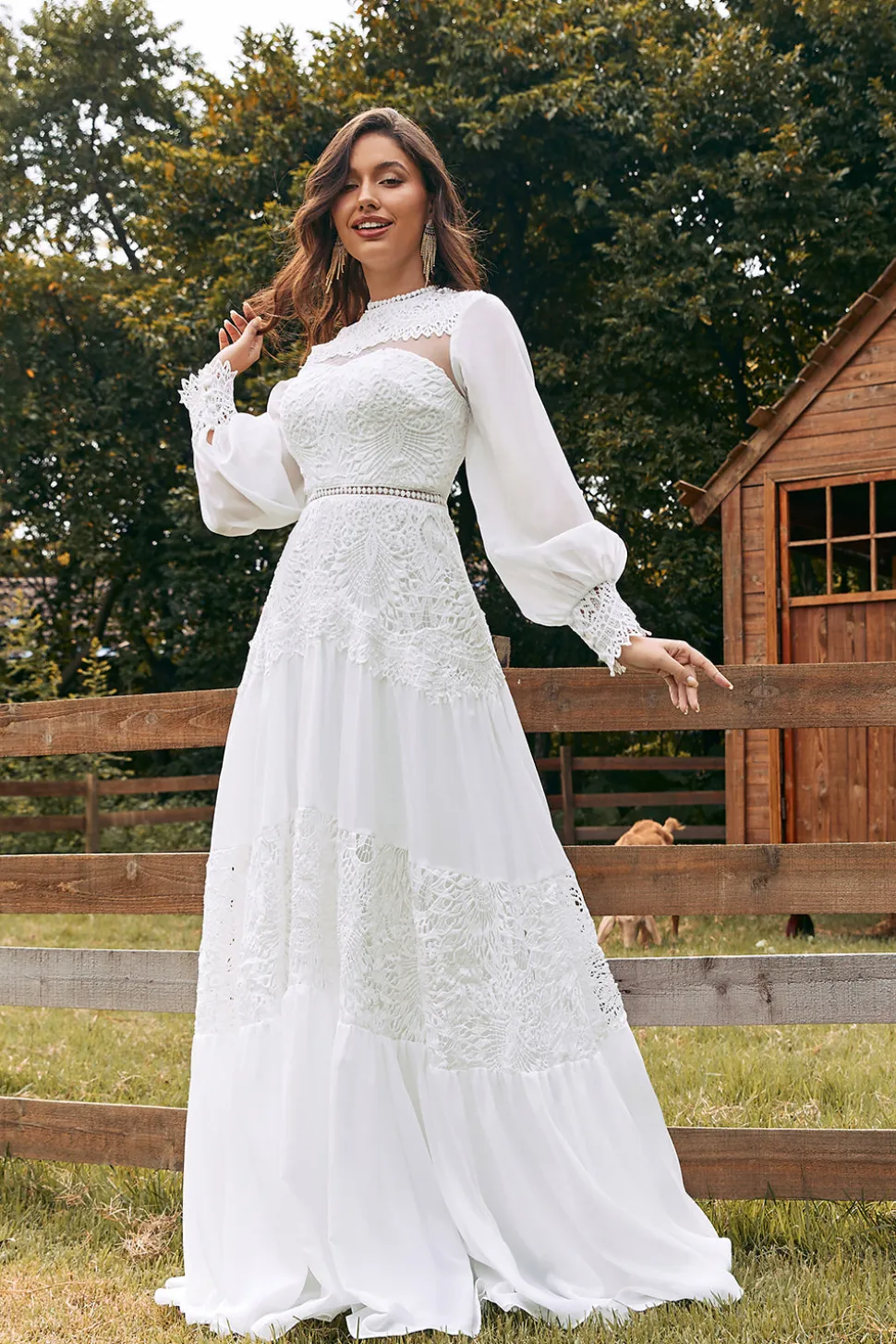 Marfim mangas compridas Boho vestido de noiva com renda