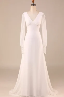 Marfim mangas compridas Boho Chiffon Open Back Vestido de Noiva