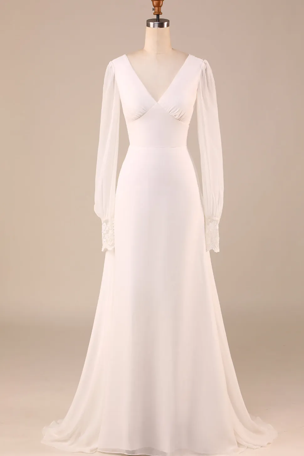 Marfim mangas compridas Boho Chiffon Open Back Vestido de Noiva