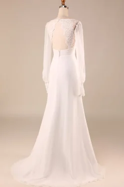 Marfim mangas compridas Boho Chiffon Open Back Vestido de Noiva