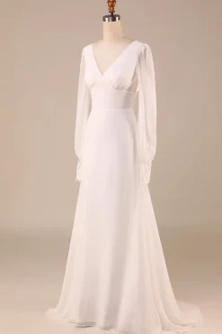 Marfim mangas compridas Boho Chiffon Open Back Vestido de Noiva