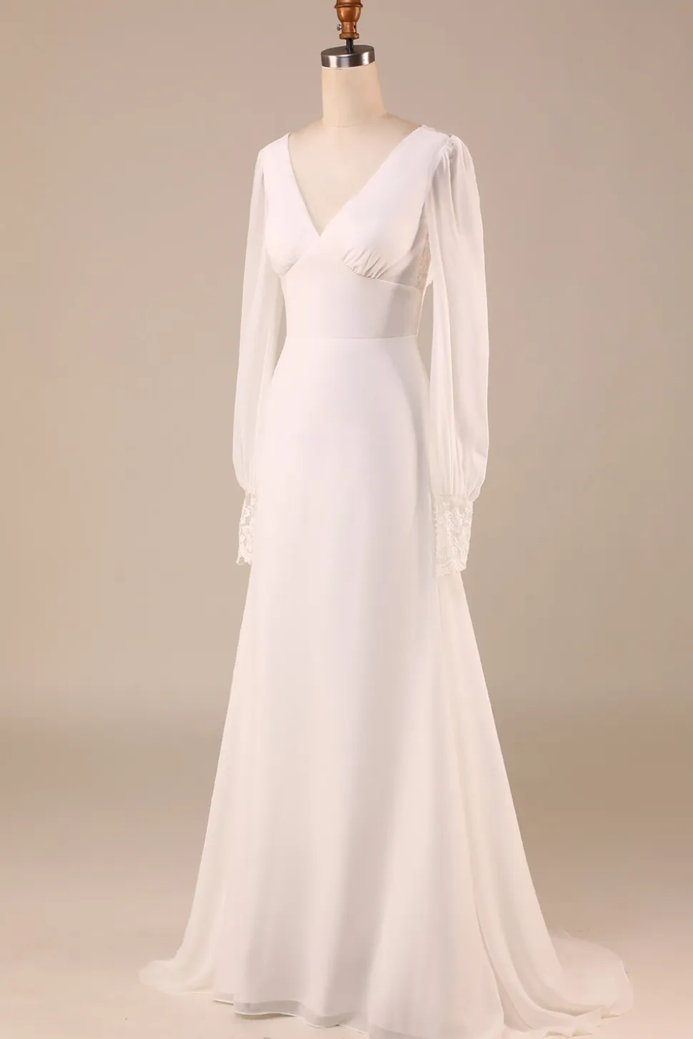 Marfim mangas compridas Boho Chiffon Open Back Vestido de Noiva