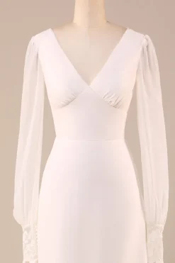 Marfim mangas compridas Boho Chiffon Open Back Vestido de Noiva