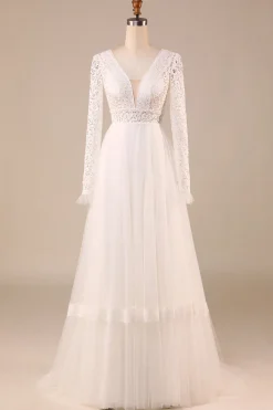 Marfim mangas compridas tule A-Line vestido de noiva com renda