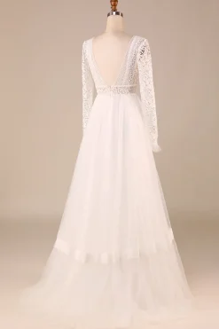 Marfim mangas compridas tule A-Line vestido de noiva com renda