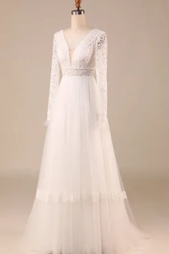 Marfim mangas compridas tule A-Line vestido de noiva com renda