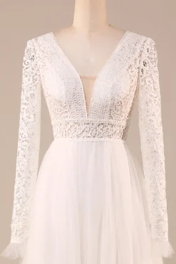 Marfim mangas compridas tule A-Line vestido de noiva com renda