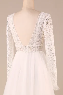 Marfim mangas compridas tule A-Line vestido de noiva com renda