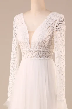 Marfim mangas compridas tule A-Line vestido de noiva com renda