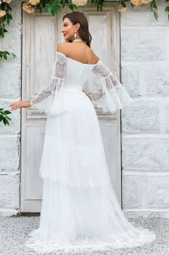 Marfim Mangas Compridas Vestido de Noiva