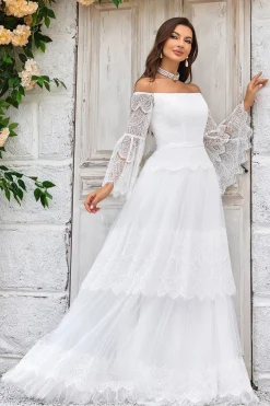 Marfim Mangas Compridas Vestido de Noiva