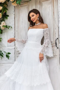 Marfim Mangas Compridas Vestido de Noiva