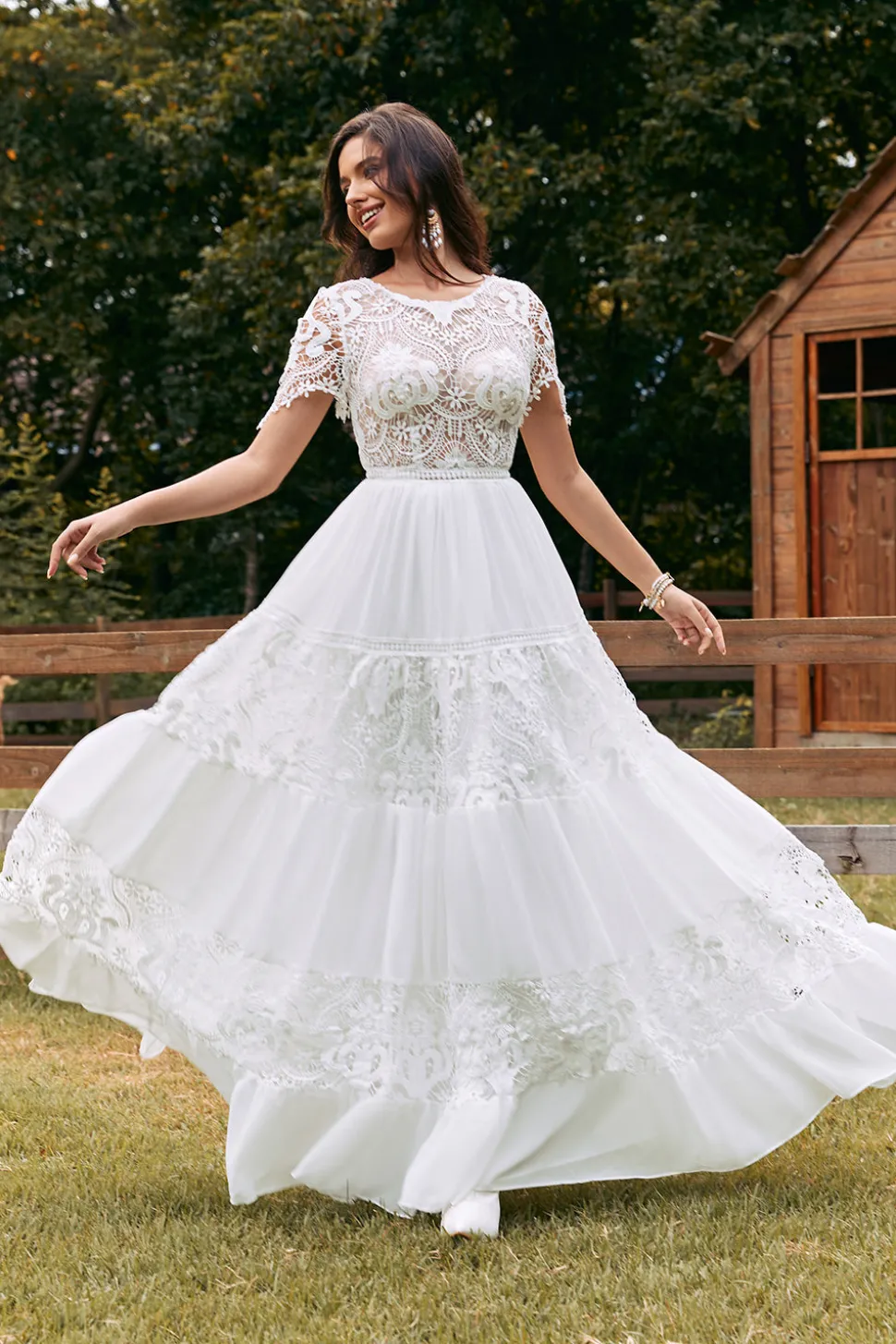 Marfim mangas curtas Boho Chiffon vestido de noiva com renda