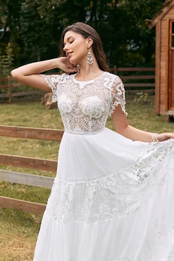 Marfim mangas curtas Boho Chiffon vestido de noiva com renda