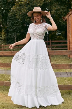 Marfim mangas curtas Boho Chiffon vestido de noiva com renda