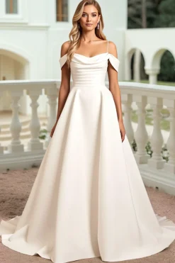 Marfim Ombro Frio De Baile/Princesa Cetim Longos Vestidos de Noiva