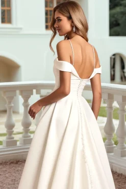 Marfim Ombro Frio De Baile/Princesa Cetim Longos Vestidos de Noiva