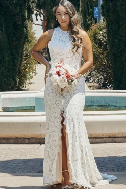 Marfim Open Back Boho Lace Vestido de noiva