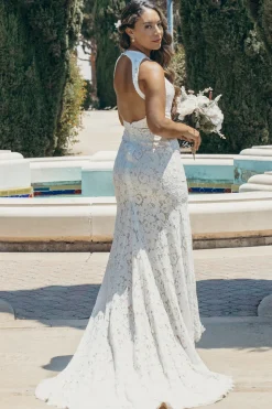 Marfim Open Back Boho Lace Vestido de noiva
