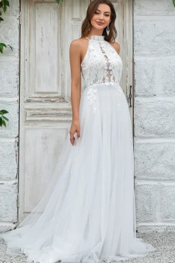 Marfim Open Back Tulle Sweep Train Vestido de Noiva com Renda